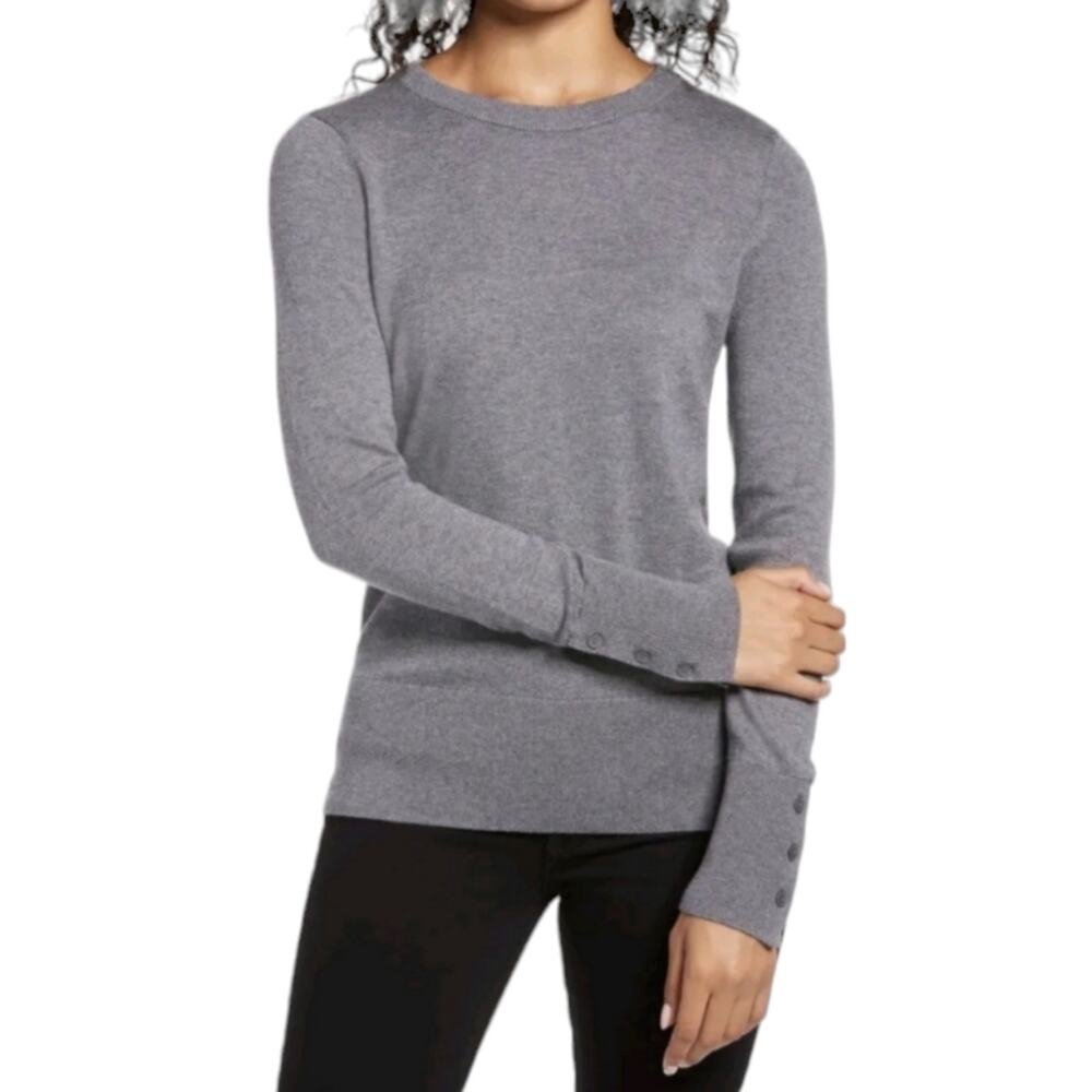 Halogen Sweater Women Size 1 Gray Crew Neck Long Sleeve Pullover Stretch Top